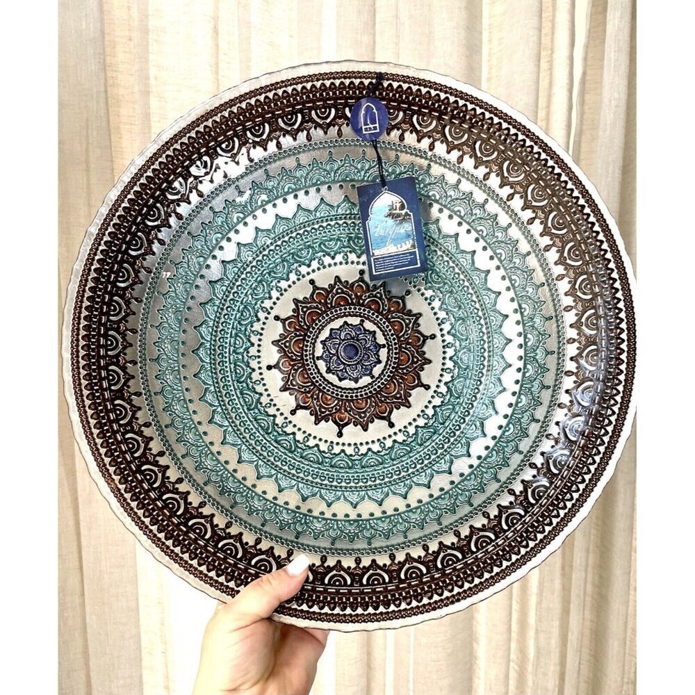 Turkish Glass Glass Round Bowl Dinner Display Silver Blue Oriental Lace 16” W XL - Picture 5 of 10